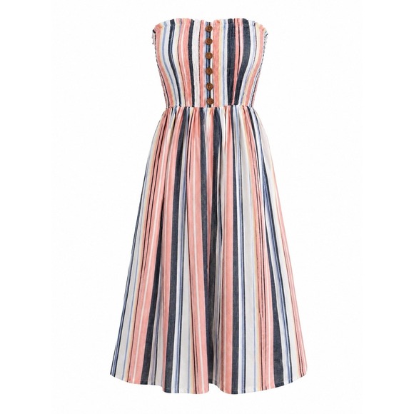 Free People Dresses & Skirts - Free People Large Lilah Cotton Multi Striped Pleated Dress Lined Strapless (144)